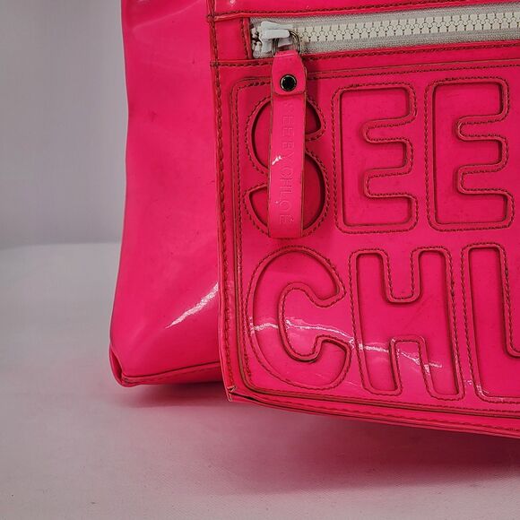 See by Chloe Neon Pink Patent Leather Tote Bag with Hanging Pouch - Picture 10 of 16
